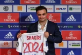 Le milieu de terrain suisse Xherdan Shaqiri, nouvelle recrue de Lyon, lors de sa présentation officielle, le 25 août 2021 au Groupama Stadium à Décines-Charpieu