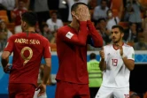 L'attaquant cedette du Portugal Cristiano Ronaldo dépité après avoir manqué un penalty contre l'Iran à Saransk, le 25 juin 2018