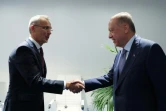 Photo diffusée le 28 juin 2022 par le service de presse de la présidence turque montrant le président turc Recep Tayyip Erdogan (D) et le secrétaire général de l'Otan Jens Stoltenberg à Madrid