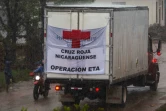 Un camion de la Croix-Rouge du Nicaragua pendant un ouragan, le 16 novembre 2020 à Puerto Cabezas