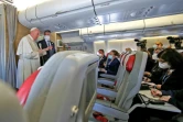 Le pape François lors d'une conférence de presse à bord de l'avion le ramenant à Rome, le 8 mars 2021 