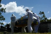 Des employés de pompes funèbres portent un cercueil le 8 janvier 2021 à Tegucigalpa (Honduras)