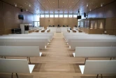 Une salle de tribunal dans le nouveau Palais de justice de Paris, conçu par l'architecte Renzo Piano,  le 26 mars 2018 dans le quartier des Batignolles, au nord-ouest de Paris