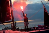 Le skipper Armel Le Cleac'h fête sa victoire dans La Solitaire du Figaro sur son bateau Banque Populaire, à Saint-Nazaire, le 19 septembre 2020