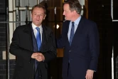Le Premier ministre britannique David Cameron (d) et le président du Conseil européen, Donald Tusk devant le 10 Downing Street, à Londres le 31 janvier 2016