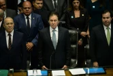 Eliseu Padilha (g), chef de la Maison civile, le président du Sénat Eunicio Oliveira (c) et le président de la Chambre basse, Rodrigo Maia (d), le 2 février 2017 lors de la session d'ouverture du Congrès, à Brasilia