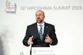Le président du Conseil européen Charles Michel donne une conférence de presse à Hiroshima, le 19 mai 2023