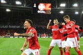La joie de l'attaquant suédois du Spartak Moscou, Jordan Larsson, après avoir marqué le 2e but contre Leicester, lors de leur match de la Ligue Europa, le 20 octobre 2021 à Moscou