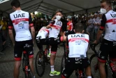 Le Slovène Tadej Pogacar (au centre) lors de la présentation de son équipe à  Copenhague le 29 juin 2022 à deux jours du Grand Départ de la 109e édition du Tour de France 
