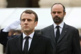 Emmanuel Macron et le premier ministre Edouard Philippe lors des cérémonies nationales en hommage au colonel Arnaud Beltrame, le 28 mars 2018 à Paris 