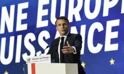 Le président Emmanuel Macron lors d'un discours sur l'Europe à la Sorbonne, le 25 avril 2024 à Paris ( POOL / Christophe PETIT TESSON )