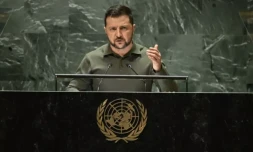 Le président ukrainien Volodymyr Zelensky à la tribune de l'Assemblée générale des Nations Unies à New York, le 19 septembre 2023 ( AFP / TIMOTHY A. CLARY )