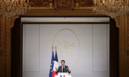 Le président Emmanuel Macron s'exprime le 26 avril 2023 à Paris lors de la 6e Conférence nationale du handicap ( POOL / Yoan VALAT )