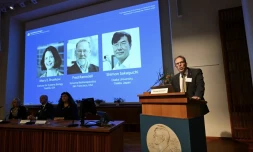 Thomas Perlmann, secrétaire général de l'Assemblée Nobel, lors de l'annonce des lauréats du prix Nobel de médecine 2025 à Mary E. Brunkow, Fred Ramsdell et Shimon Sakaguchi, le lundi 6 octobre 2025 à Stockholm (Suède). - 