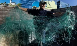 Christian Abaziou, membre de l'association française "Kernic Solidarités", chargé de la logistique, collecte les filets destinés à l'Ukraine dans le port de Roscoff, le 17 octobre 2025 dans le FinistÚre ( AFP / Fred TANNEAU )
