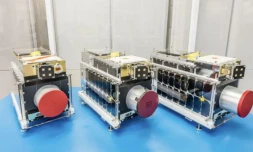 Photo non datée diffusée le 17 mai 2023 par l'entreprise canadienne GHGSat de trois de ses satellites utilisés pour détecter les fuites de gaz à effet de serre de l'industrie pétrolière et gazière ( GHGSat satellites / - )