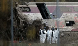 Une équipe d'urgence travaille sur le lieu de l'accident d'une motrice et d'une rame de TGV dans un canal à Eckwersheim, près de Strasbourg, dans le nord-est de la France, le 15 novembre ( AFP / FREDERICK FLORIN )