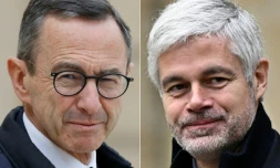 (COMBO) Cette combinaison de photos montre les deux candidats à la présidence du parti Les Républicains: Bruno Retailleau (g), ici le 16 avril 2025 à Paris, et Laurent Wauquiez (d) le 26 novembre 2024 à Paris