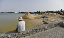 Des monticules de sable destinés à regarnir la plage du centre ville de Hammamet, au sud-est de Tunis, victime de l'érosion côtière, le 28 juin 2024 ( AFP / FETHI BELAID )