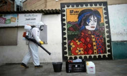 Un bénévole désinfecte une fresque murale dans la favela de Santa Marta à Rio de Janeiro (Brésil), le 20 avril 2020
