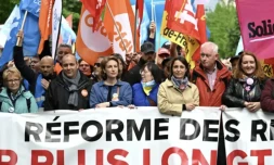 Les dirigeants des principaux syndicats lors d'une manifestation contre la réforme des retraites, le 1er mai 2023 à Paris ( AFP / Alain JOCARD )