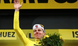 Le maillot jaune Tadej Pogacar, vainqueur de la première des deux arrivées à l'Alpe d'Huez, lors de la 20e étape, le 25 juillet 2026