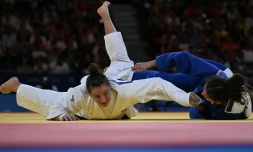 LUIS ROBAYO / AFP Barbara Matic lors de son combat contre Miriam Butkereit pour la mĂ©daille dâor le 31 juillet 2024 aux JO de Paris.