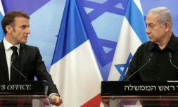 Le président français Emmanuel Macron (à gauche) et le Premier ministre israélien Benjamin Netanyahu en conférence de presse le 24 octobre 2023 à Jérusalem ( POOL / Christophe Ena )
