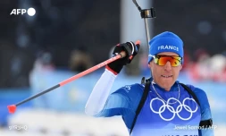 La joie du Français Quentin Fillon Maillet, vainqueur du sprint de Ruhpolding, comptant pour la Coupe du monde de biathlon, le 13 janvier 2022