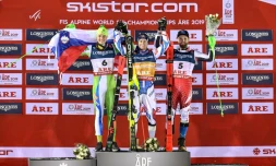 Le Français Alexis Pinturault (c) décroche son premier titre de champion du monde sur le combiné d'Are le 11 février 2019