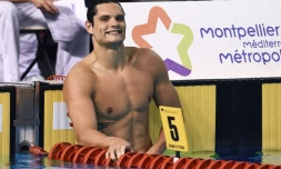 Florent Manaudou après sa série du 50 m nage libre lors des Championnats de France de natation à Montpellier, le 3 avril 2016