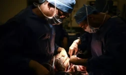 Des chirurgiens de l'hôpital Foch à Suresnes, dans les Hauts-de-Seine, prélèvent les poumons d'un patient décédé en vue d'une future transplantation, le 9 décembre 2022 ( AFP / Christophe ARCHAMBAULT )