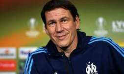 L'entraîneur de Marseille Rudy Garcia en conférence de presse, le 15 mai 2018 à Décines-Charpieu