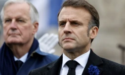 Emmanuel Macron et Michel Barnier pour les commémorations de l'Armistice du 11 novembre 1918, le 11 novembre 2024 à Paris ( POOL / Ludovic MARIN )