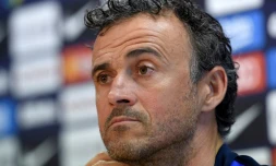 L'Espagnol Luis Enrique, alors entraîneur du FC Barcelone, lors d'une conférence de presse le 5 mai 2017 à Sant Joan Despi, près de Barcelone 