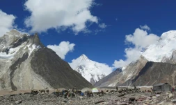 Dans cette photo archive prise le 14 août 2019, des porteurs installent des tentes au camp de Concordia, dans le massif du Karakoram, dans le nord du Pakistan. Une soixantaine d'alpinistes tentent actuellement de devenir les premiers à gravir en hiver le K2, deuxiÚme plus haut sommet de la planÚte
