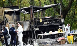 Une équipe d'identification s'affaire autour du camion le 24 octobre 2015 sur le site de la collision à Puisseguin