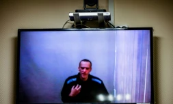 L'opposant russe emprisonné Alexeï Navalny lors d'une audience en visioconférence au tribunal de Petushki, le 26 mai 2021