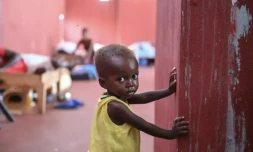 David, 19 mois, fait partie des enfants souffrant de malnutrition pris en charge dans le Centre hospitalier de Fontaine, dans un bidonville de Port-au-Prince, le 4 août 2023 ( AFP / Richard PIERRIN )