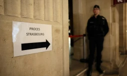 L'entrée de la salle d'audience du procÚs de l'attentat du marché de Noël de Strasbourg en 2018, au palais de justice de Paris, le 29 février 2024