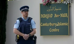 A police officer stands guard outside the Al Noor mosque ahead of the first anniversary of the Christchurch mosque shootings in Christchurch in March 2020