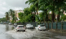 Un automobiliste dans une rue inondée par des fortes pluies causées par la tempête tropicale Jerry, à Lauricisque, en Guadeloupe, le 10 octobre 2025 ( AFP / Cedrick Isham CALVADOS )
