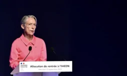 La PremiÚre ministre Elisabeth Borne lors d'une intervention à l'Institut des hautes études de défense nationale (IHEDN), le 13 septembre 2023 à Paris ( AFP / Miguel MEDINA )