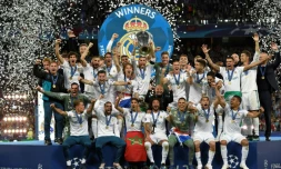 L'ailier gallois du Real Madrid Gareth Bale après son but sur un retourné en finale de la Ligue des champions face à Liverpool, le 26 mai 2018 à Kiev