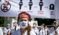 Des professionnels de santé de la branche médicale du mouvement écologiste Extinction Rebellion avant une manifestation devant le bâtiment de l'OMS à Genève, le 29 mai 2021