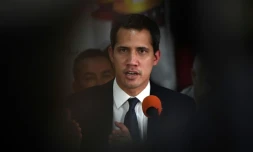 Le leader de l'opposition vénézuélienne et président autoproclamé Juan Guaido, lors d'une conférence de presse
Ă Caracas le 14 mai 2019