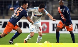 Le milieu de Marseille Florian Thauvin (c) lors du match de Ligue 1 contre Montpellier, à La Mosson, le 2 février 2016