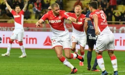 L'attaquant algérien de Monaco Islam Slimani (c) vient de marquer de la tête l'unique but du match contre Montpellier, le 14 février 2020 au stade Louis-II    
