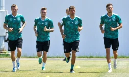 Marco Reus (2e à gauche) à l'entraînement avec Toni Kroos, Thomas Müller et Leon Goretzka à Sotchi, le 21 juin 2018, est titularisé contre la Suède