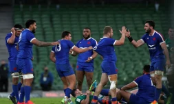 La joie du XV de France aprÚs son succÚs en Irlande lors du Tournoi des six Nations, à Dublin, le 14 février 2021